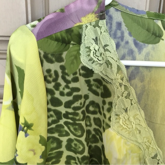 Piano Blouse Silky Pretty Empire Waist SzL Green/Yellow 3/4Sleeves - Picture 5 of 9